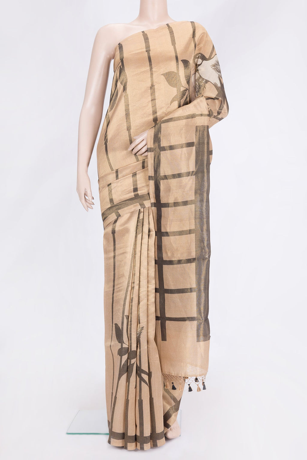 Sandal Dual Tone Organza Silk Saree with Stripes on the body and Without Border.  displayed on a mannequin