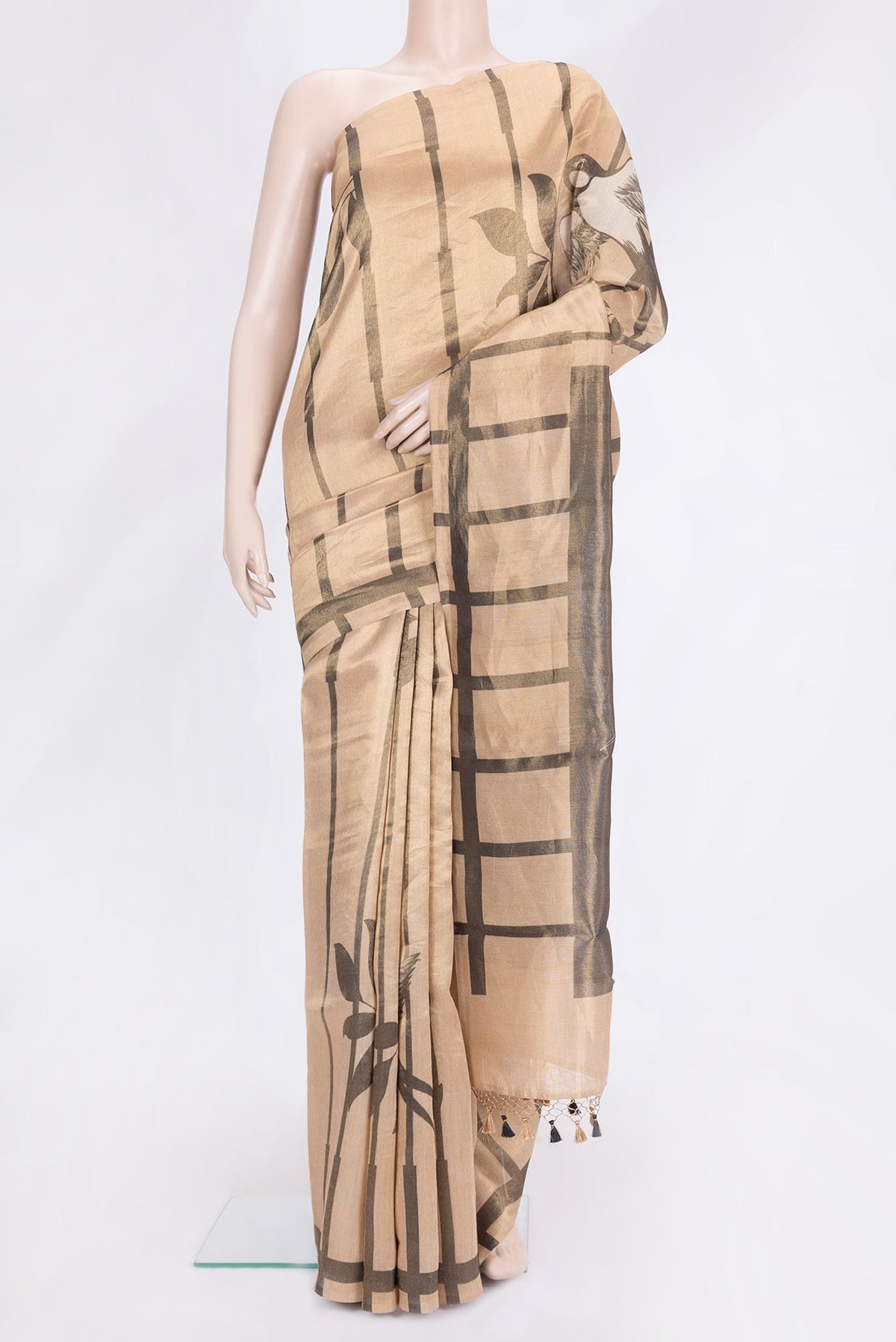 Sandal Dual Tone Organza Silk Saree with Stripes on the body and Without Border.  displayed on a mannequin