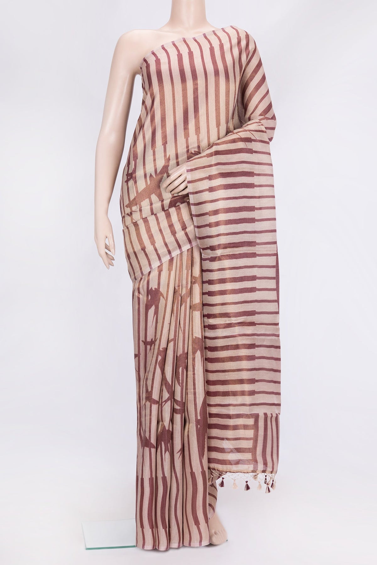 Rose Gold Dual Tone Organza Silk Saree with Zari Brocade on the body and Without Border.  displayed on a mannequin