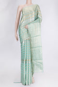 Sea Green Dual Tone Organza Silk Saree with Stripes on the body and Zari Border.  displayed on a mannequin