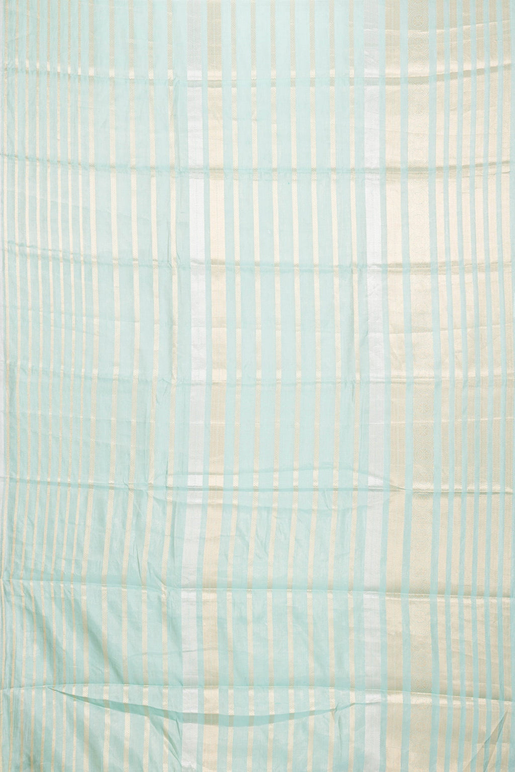 Flat view of Sea Green Dual Tone Organza Silk Saree with Stripes on the body and Zari Border. 