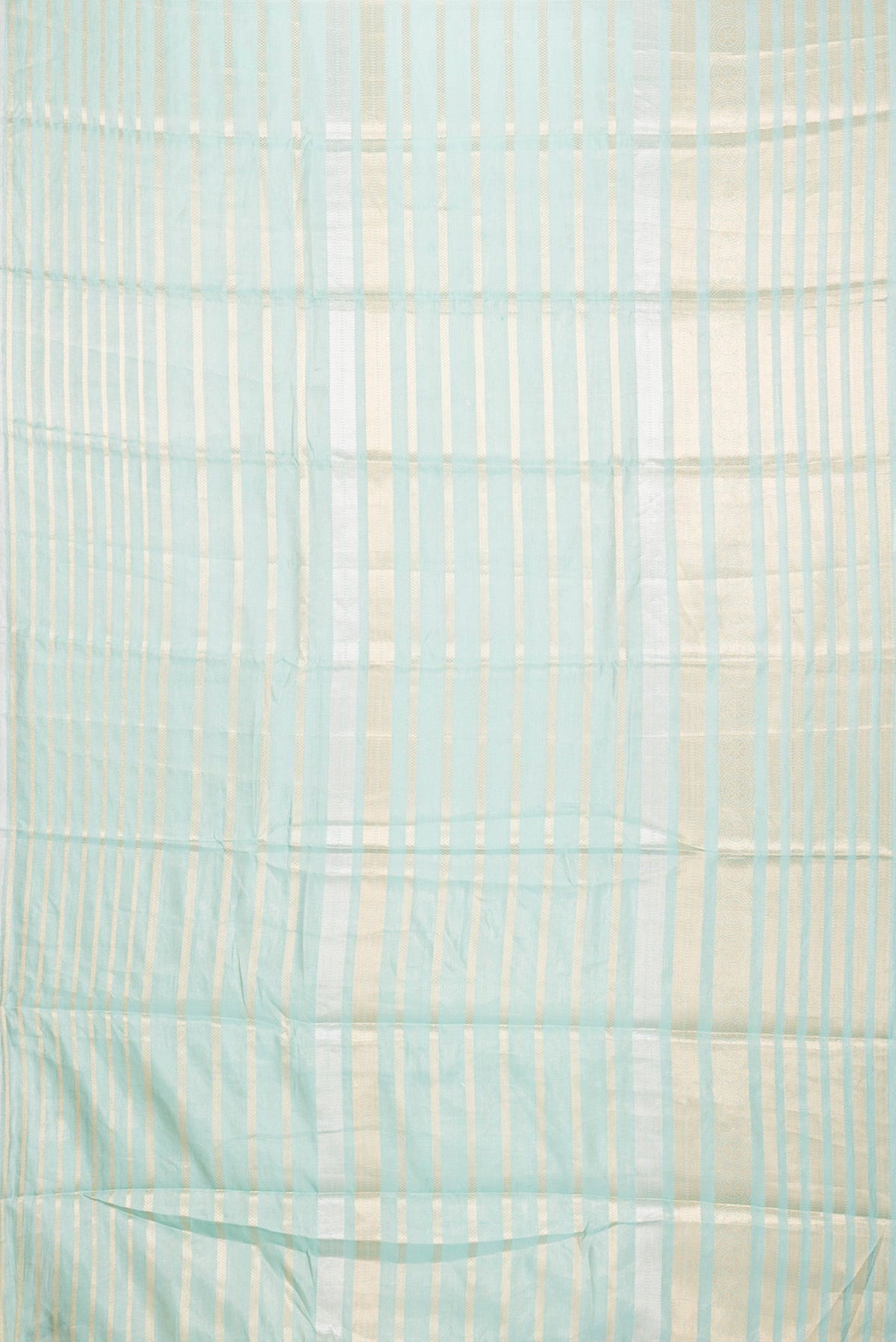 Flat view of Sea Green Dual Tone Organza Silk Saree with Stripes on the body and Zari Border. 