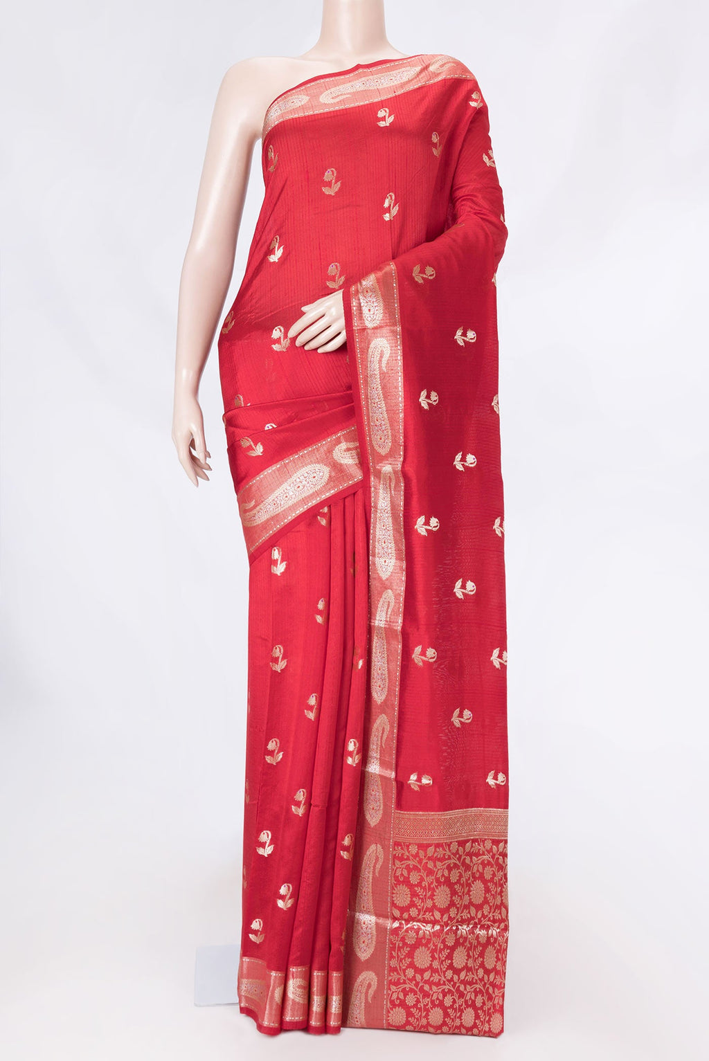 Red Banarasi Raw Silk Saree with Zari Butta on the body and Zari Border displayed on a mannequin