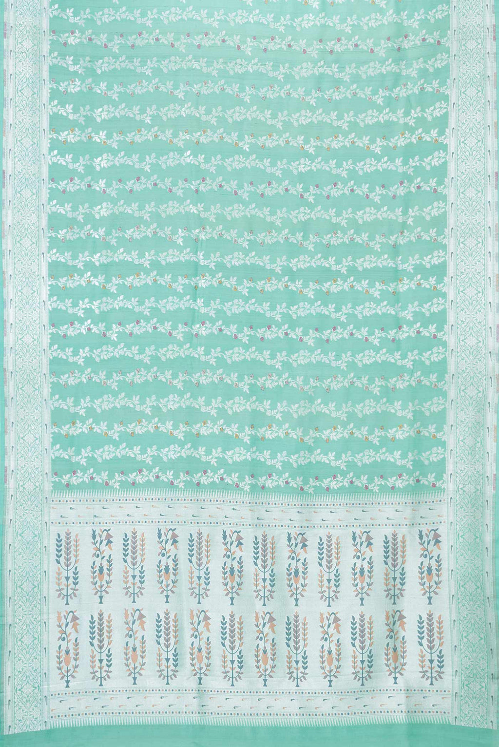 Flat view of Light Green Dual Tone Banarasi Silk Saree with Zari Brocade on the body and Zari Border