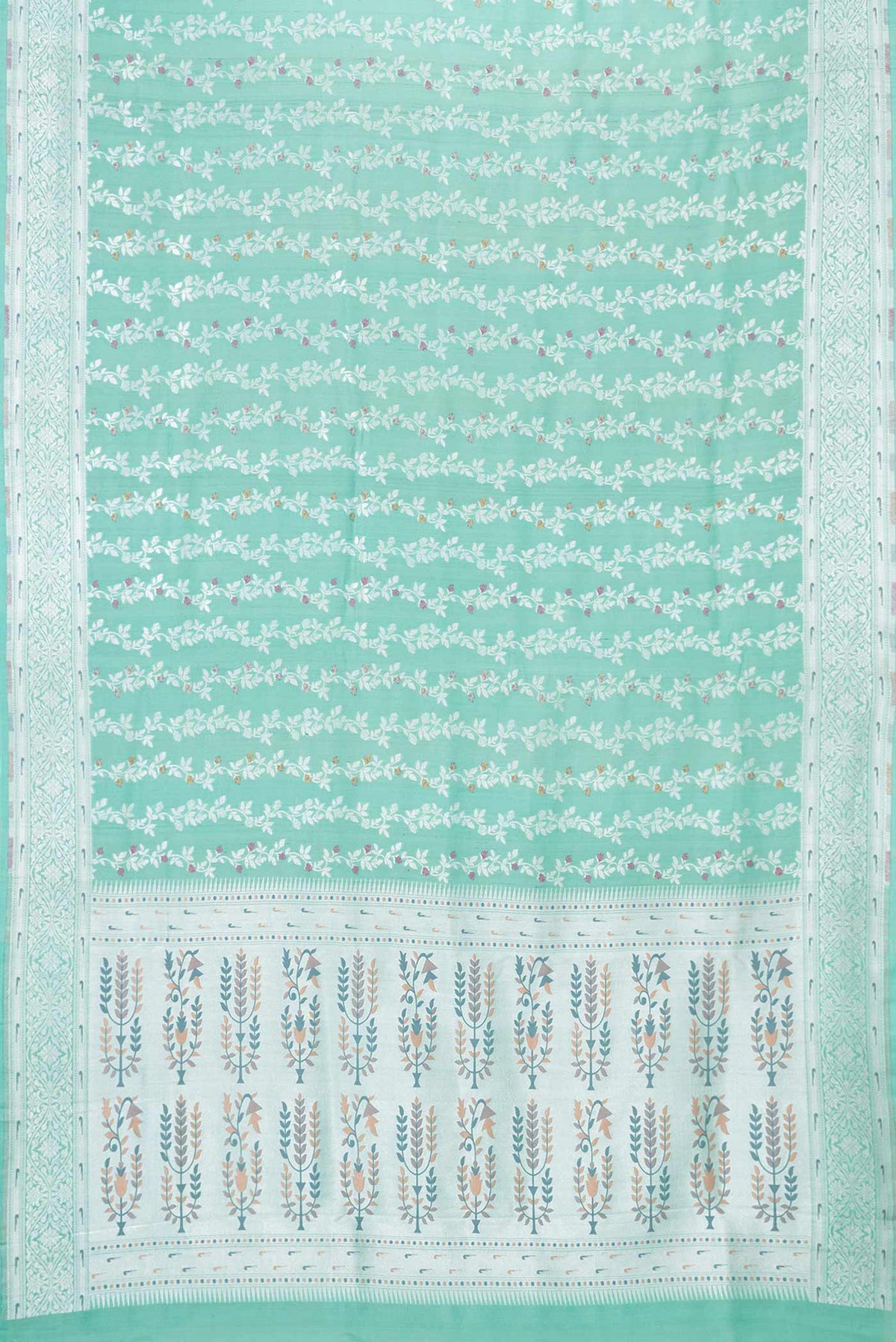 Flat view of Light Green Dual Tone Banarasi Silk Saree with Zari Brocade on the body and Zari Border