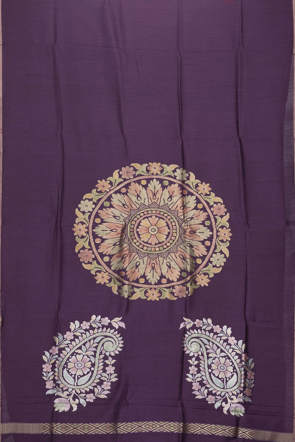 Flat view of Burgundy Dual Tone Tussar Silk Saree with Plain Body and Fancy Border. 