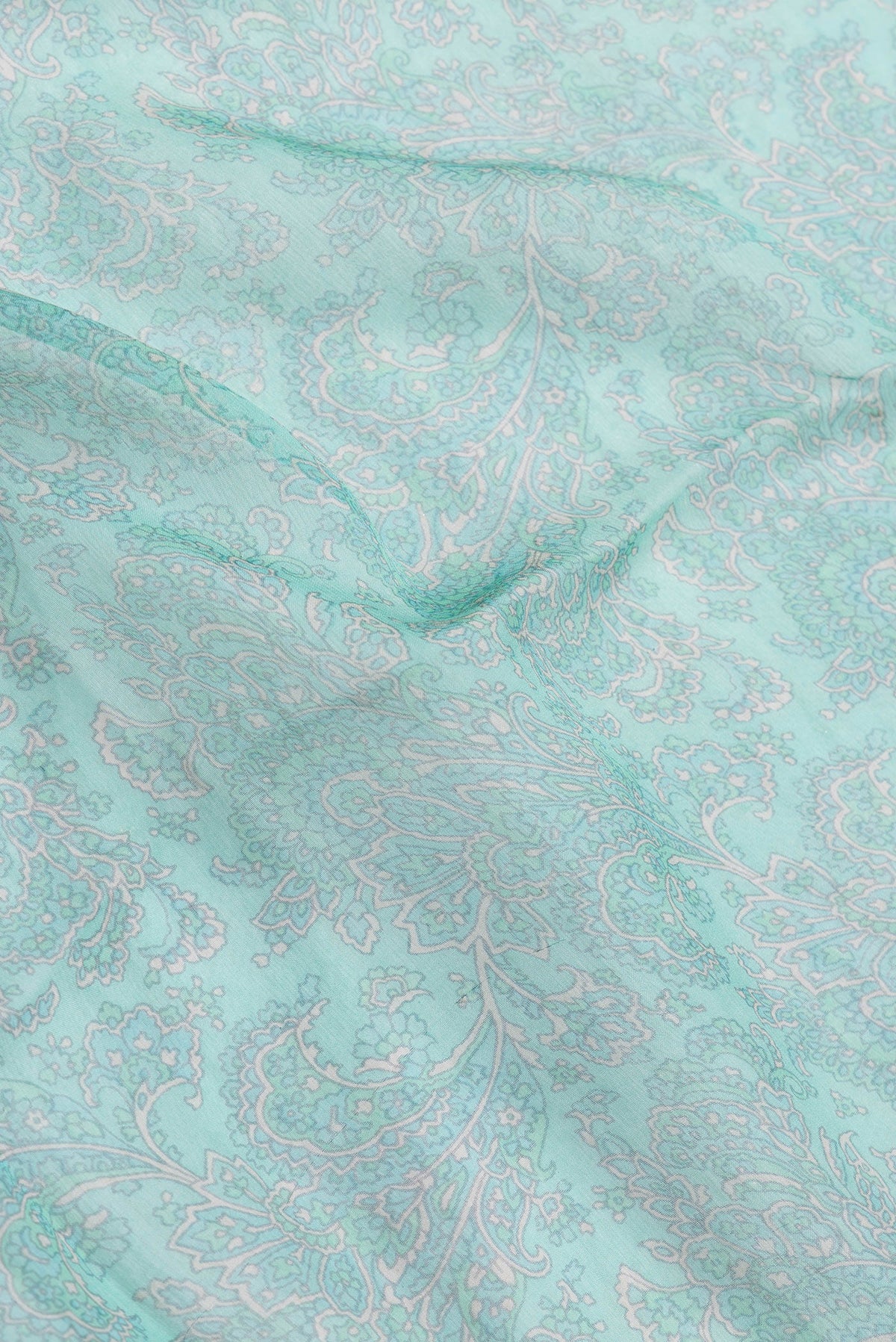Close up of Sea Green Dual Tone Mysore Chiffon Saree with Printed design on the body and Thread Border.  displaying folds