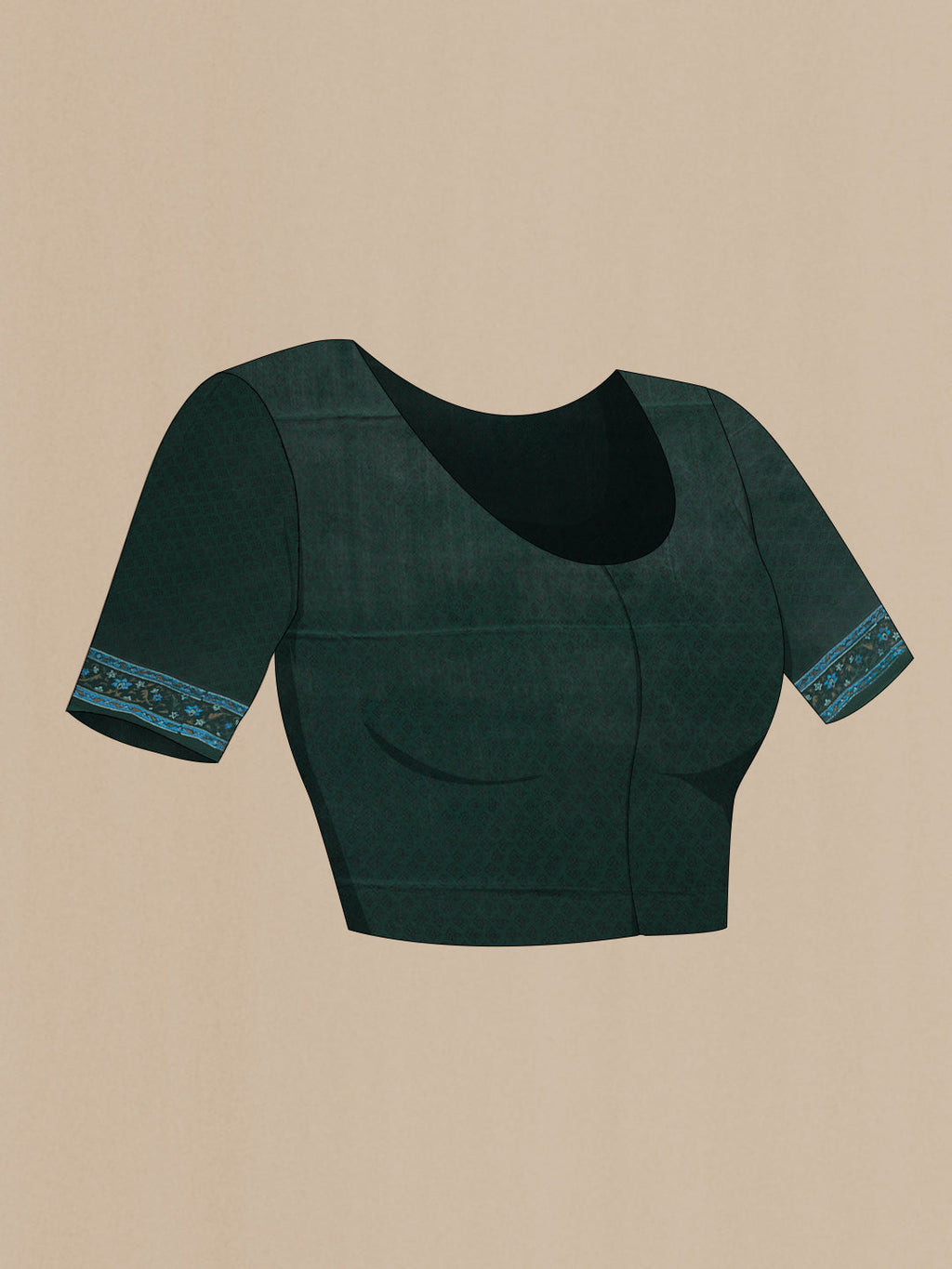 Close up image of the blouse of Bottle Green Dual Tone Mysore Chiffon Saree with Printed design on the body and Zari Border. 