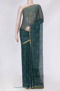 Bottle Green Dual Tone Mysore Chiffon Saree with Printed design on the body and Zari Border.  displayed on a mannequin