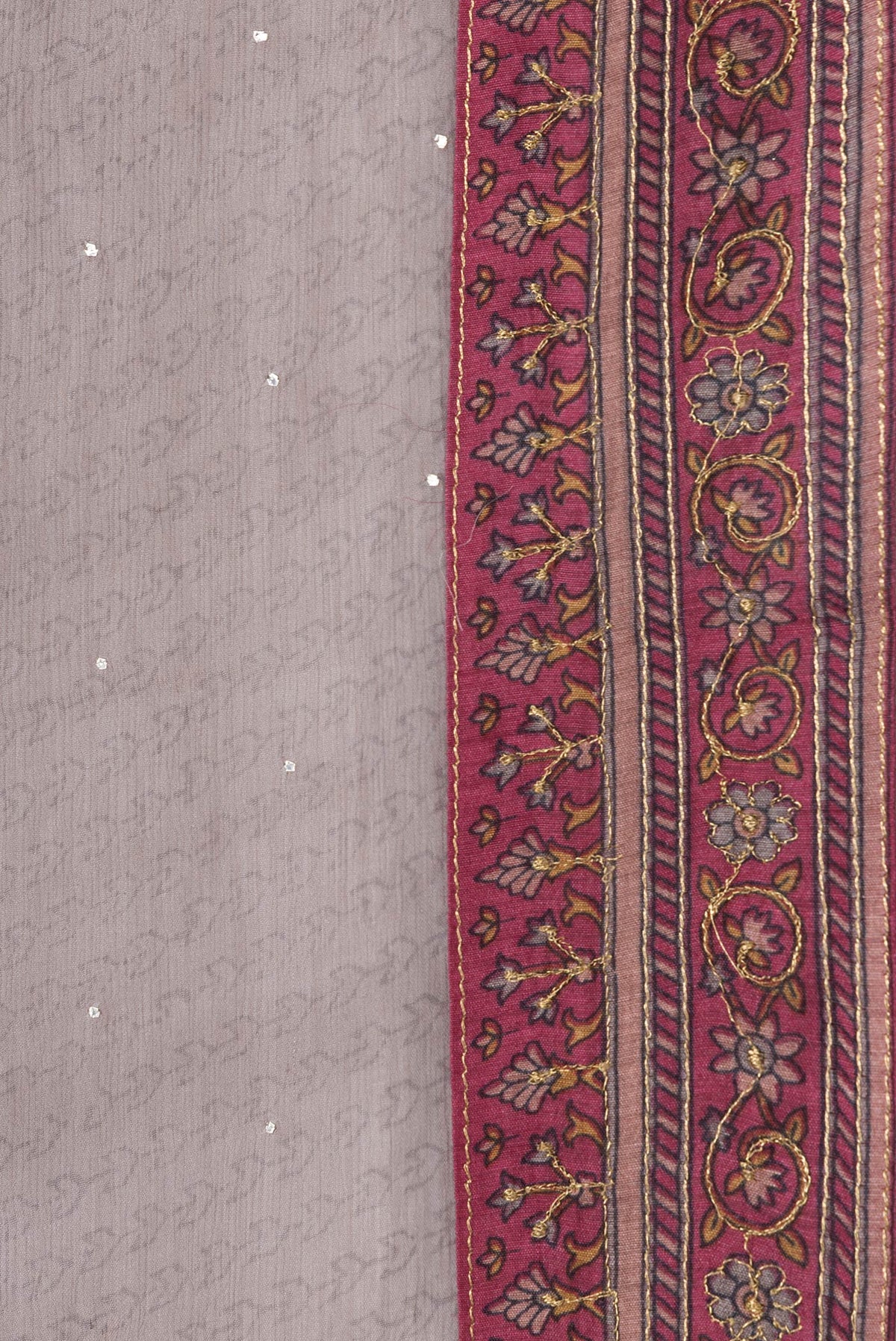 Border image of Grey Dual Tone Mysore Chiffon Saree with Printed design on the body and Embroidery Border. 