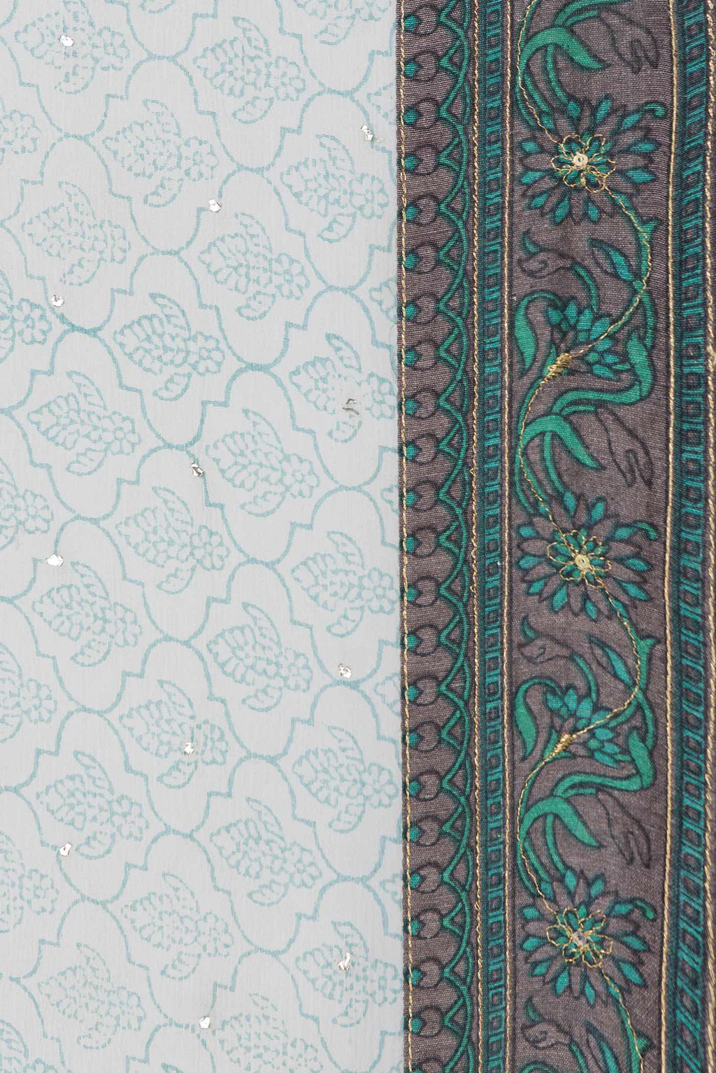 Border image of Grey Dual Tone Mysore Crepe Saree with Printed design on the body and Zari Border