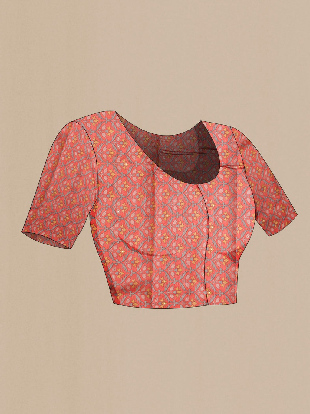 Close up image of the blouse of Grey Crepe Saree with Printed design on the body and Embroidery Border