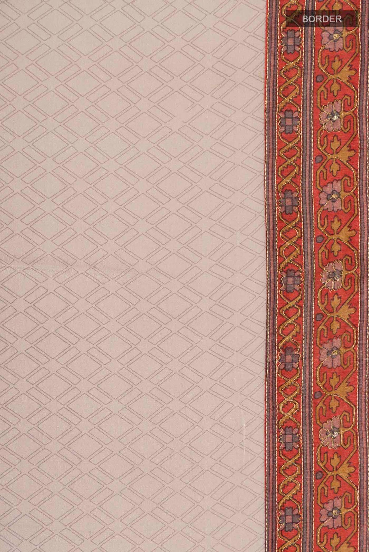 Border image of Grey Crepe Saree with Printed design on the body and Embroidery Border