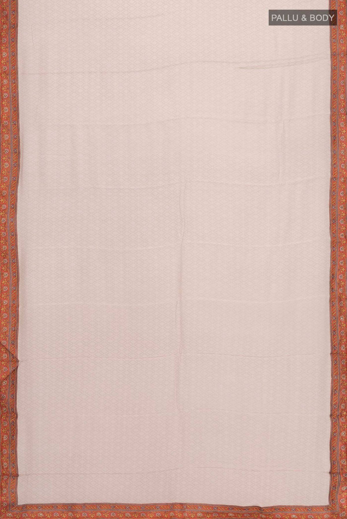 Flat view of Grey Crepe Saree with Printed design on the body and Embroidery Border