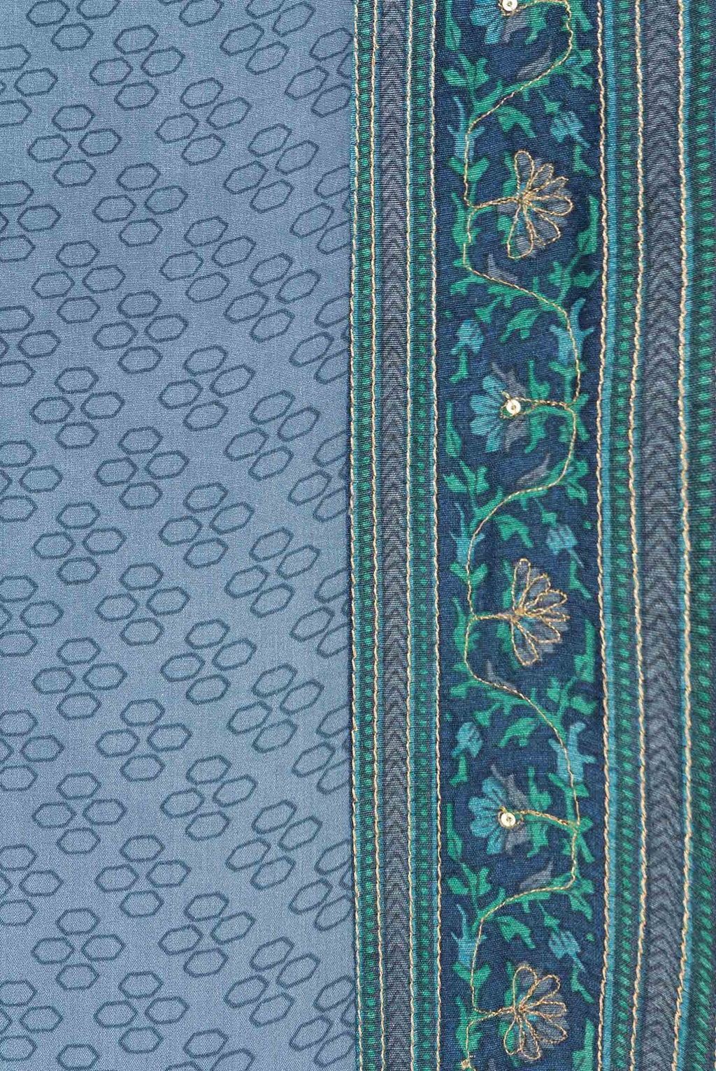 Border image of Grey Dual Tone Mysore Crepe Saree with Printed design on the body and Embroidery Border