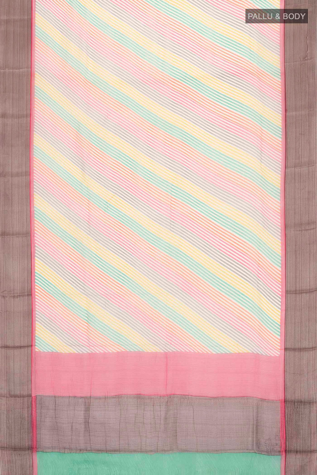 Flat view of Multi Color Mysore Chiffon Saree with Printed design on the body and Embroidery Border