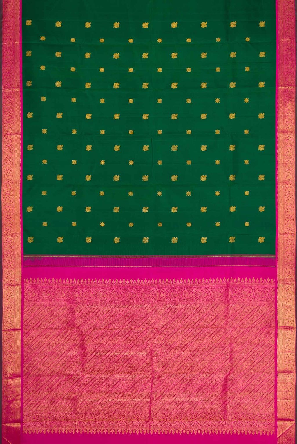 Flat view of Bottle Green Dual Tone Kanchipuram Silk Saree with Zari Butta on the body and Zari Border