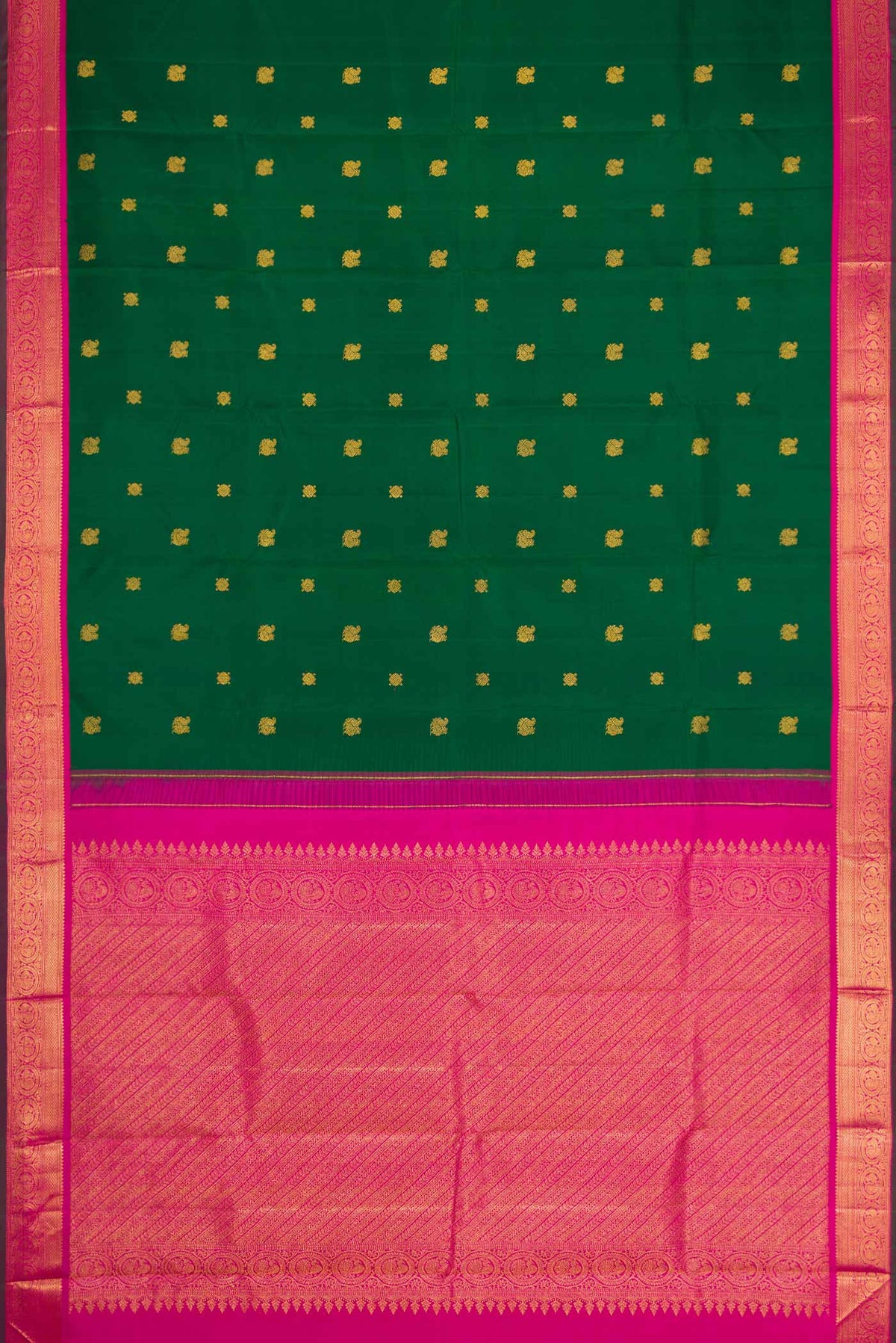 Flat view of Bottle Green Dual Tone Kanchipuram Silk Saree with Zari Butta on the body and Zari Border