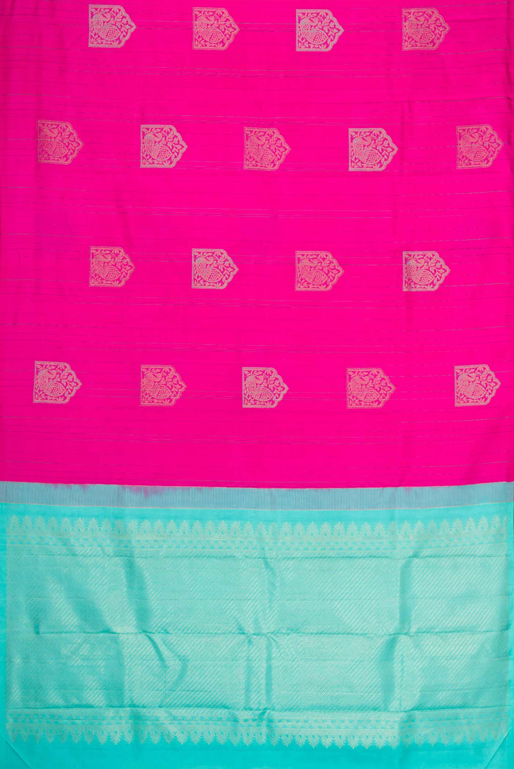 Flat view of Dark Pink Dual Tone Kanchipuram Silk Saree with Zari And Thread Butta on the body and Without Border
