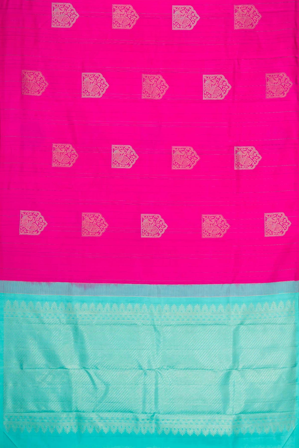 Flat view of Dark Pink Dual Tone Kanchipuram Silk Saree with Zari And Thread Butta on the body and Without Border