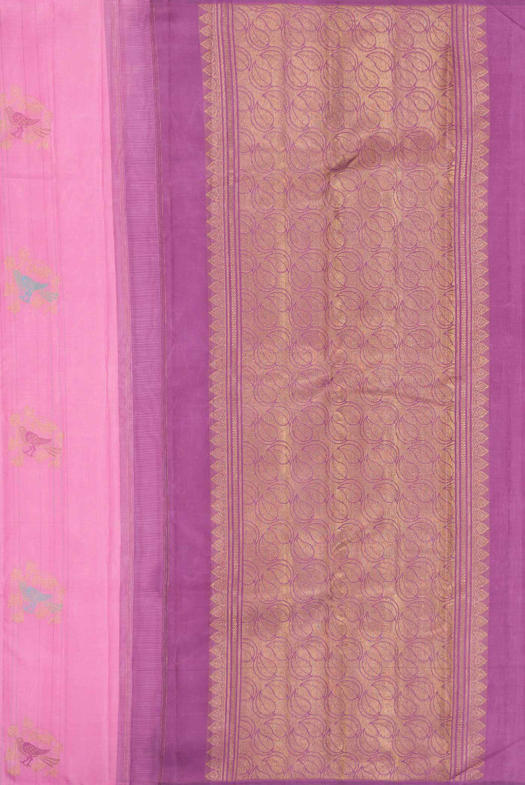 Close up image of the pallu of Pure Silk Pure Zari Pink Dual Tone Kanchipuram Saree with Zari And Thread Butta on the body and Without Border