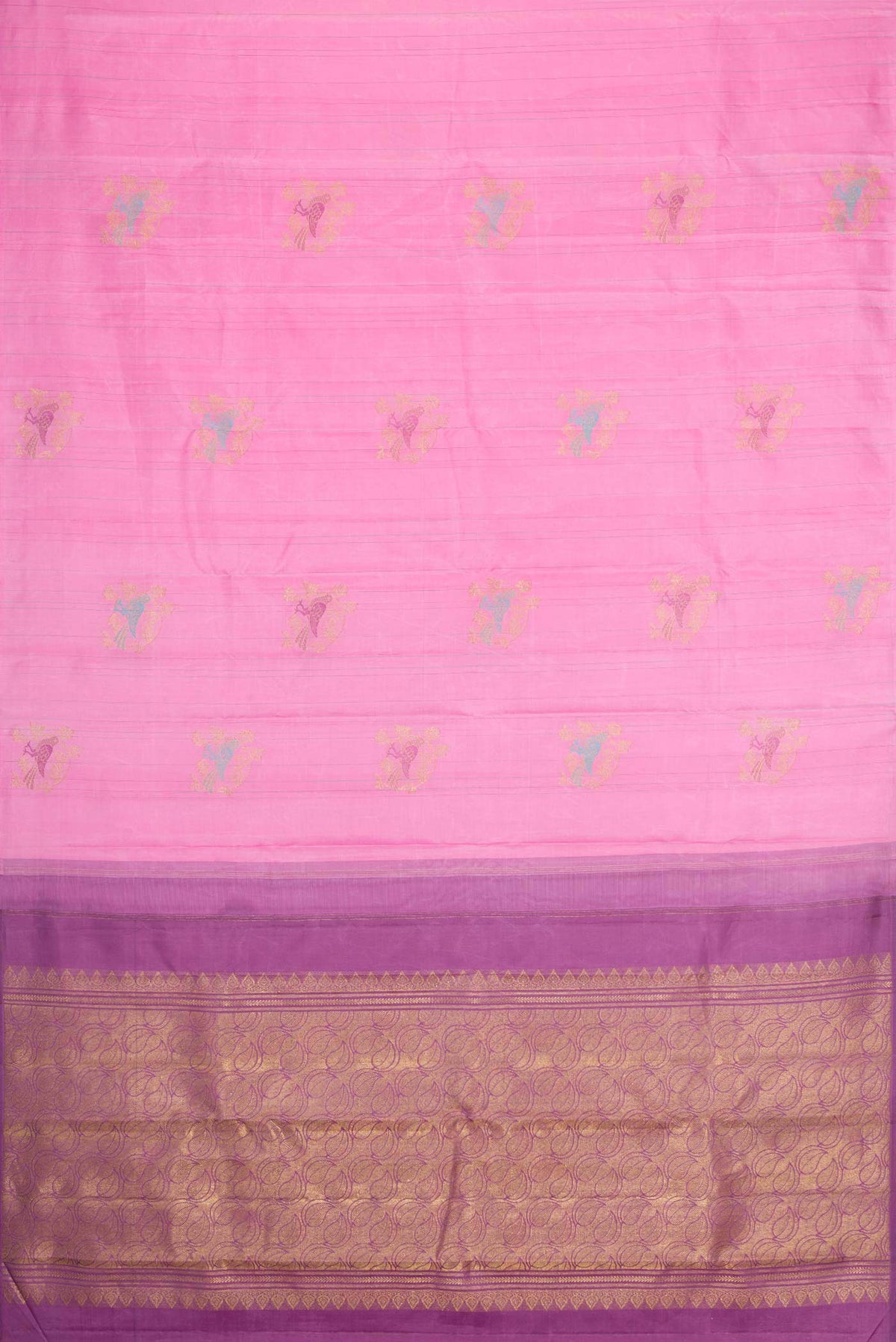 Flat view of Pure Silk Pure Zari Pink Dual Tone Kanchipuram Saree with Zari And Thread Butta on the body and Without Border