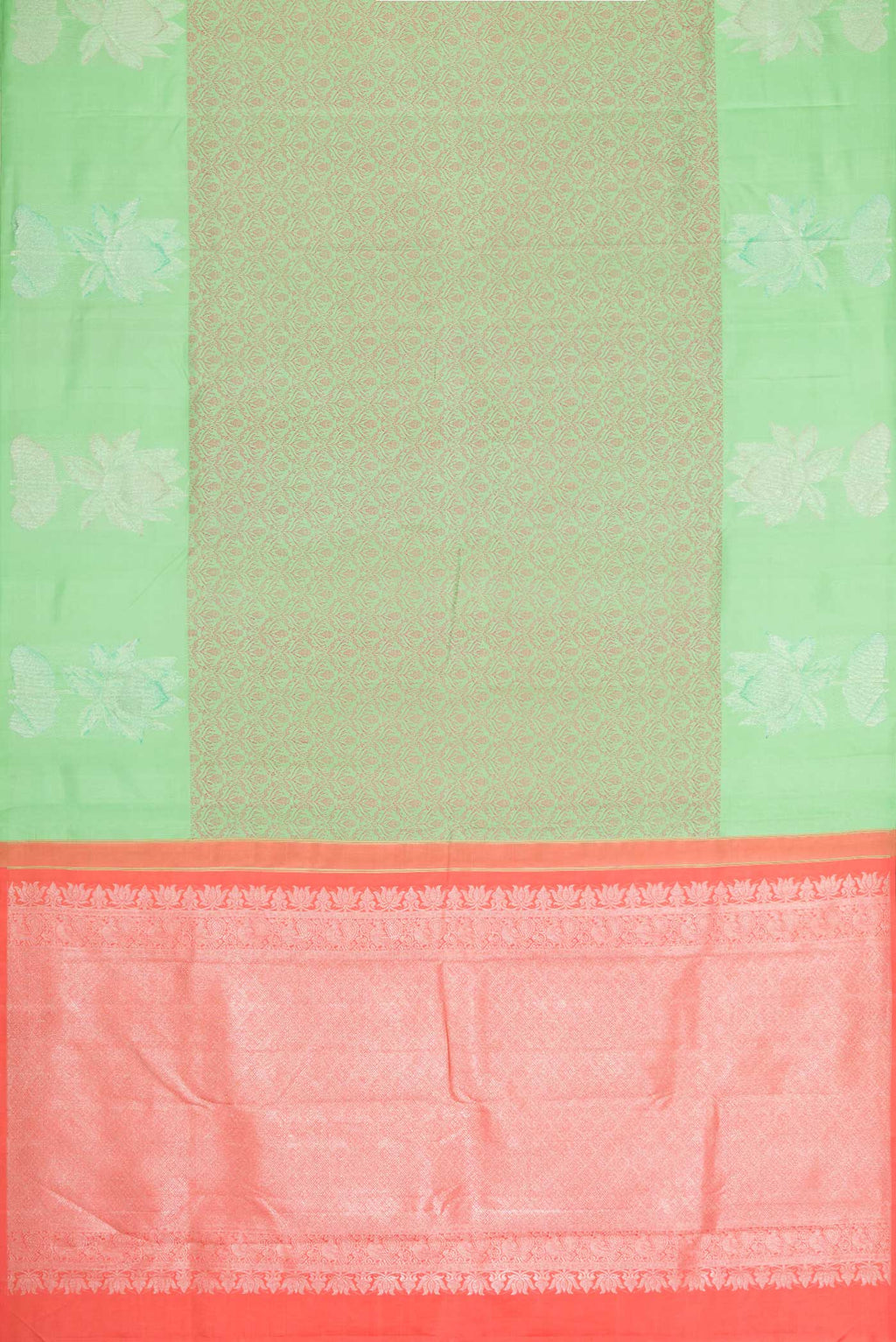 Flat view of Parrot Green Dual Tone Kanchipuram Silk Saree with Jacquard design on the body and Fancy Border