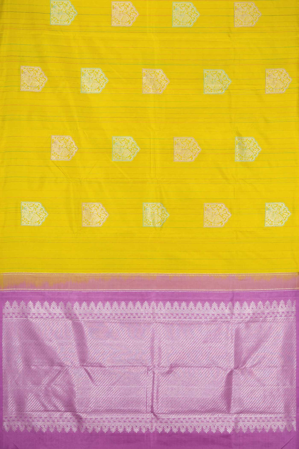Flat view of Pure Silk Pure Zari Mehandi Green Dual Tone Kanchipuram Saree with Stripes on the body and Without Border