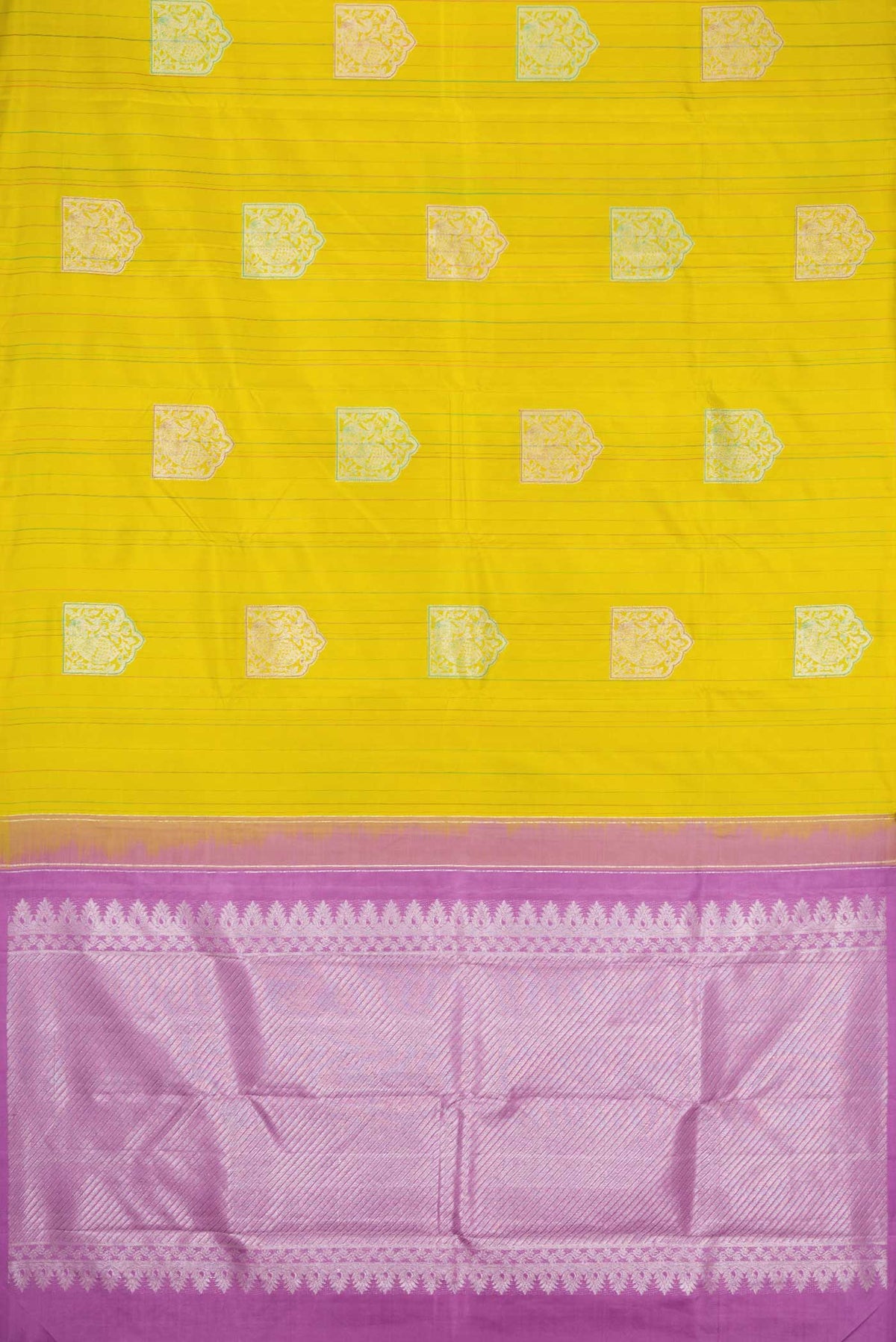 Flat view of Pure Silk Pure Zari Mehandi Green Dual Tone Kanchipuram Saree with Stripes on the body and Without Border