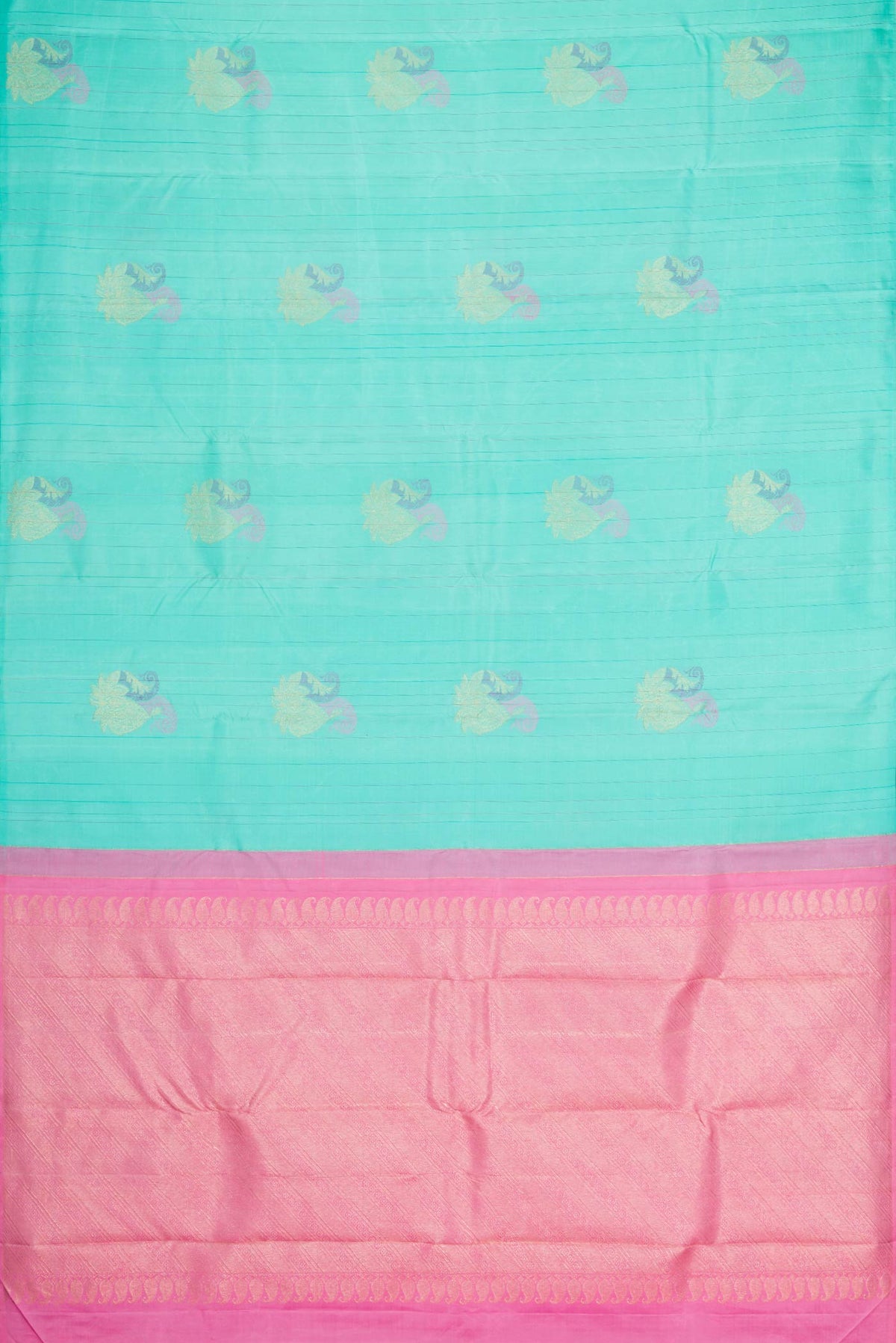 Flat view of Sea Green Dual Tone Kanchipuram Silk Saree with Zari And Thread Butta on the body and Without Border