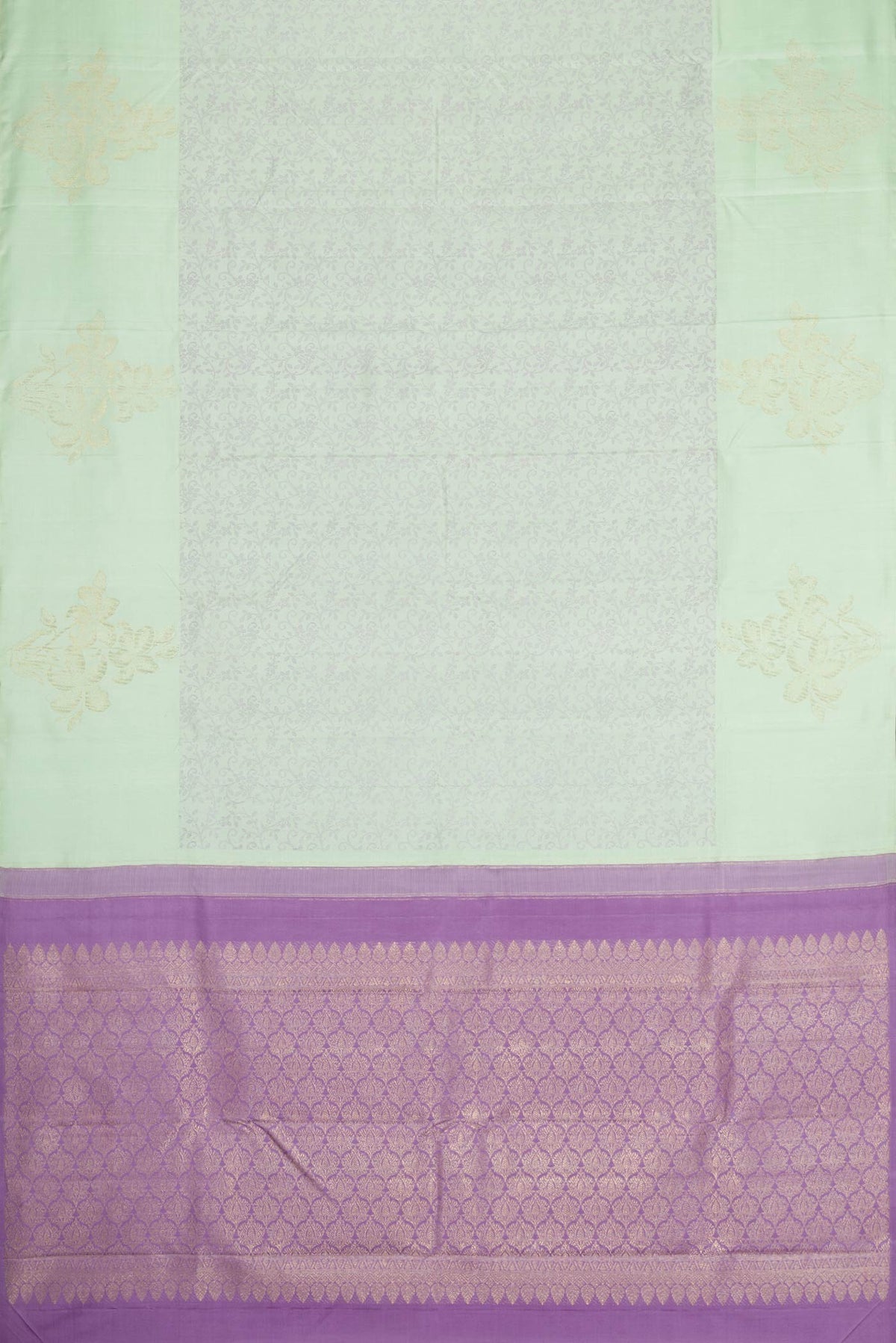 Flat view of Pista Green Dual Tone Kanchipuram Silk Saree with Jacquard design on the body and Fancy Border