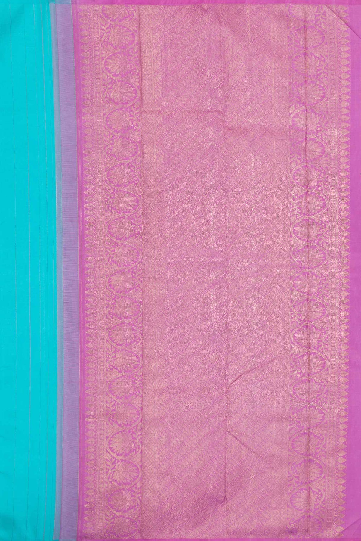 Close up image of the pallu of Sky Blue Dual Tone Kanchipuram Silk Saree with Zari Butta on the body and Without Border