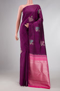 Purple Dual Tone Kanchipuram Silk Saree with Zari And Thread Butta on the body and Without Border displayed on a mannequin