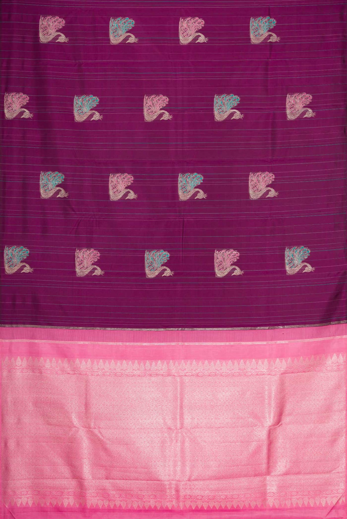 Flat view of Purple Dual Tone Kanchipuram Silk Saree with Zari And Thread Butta on the body and Without Border