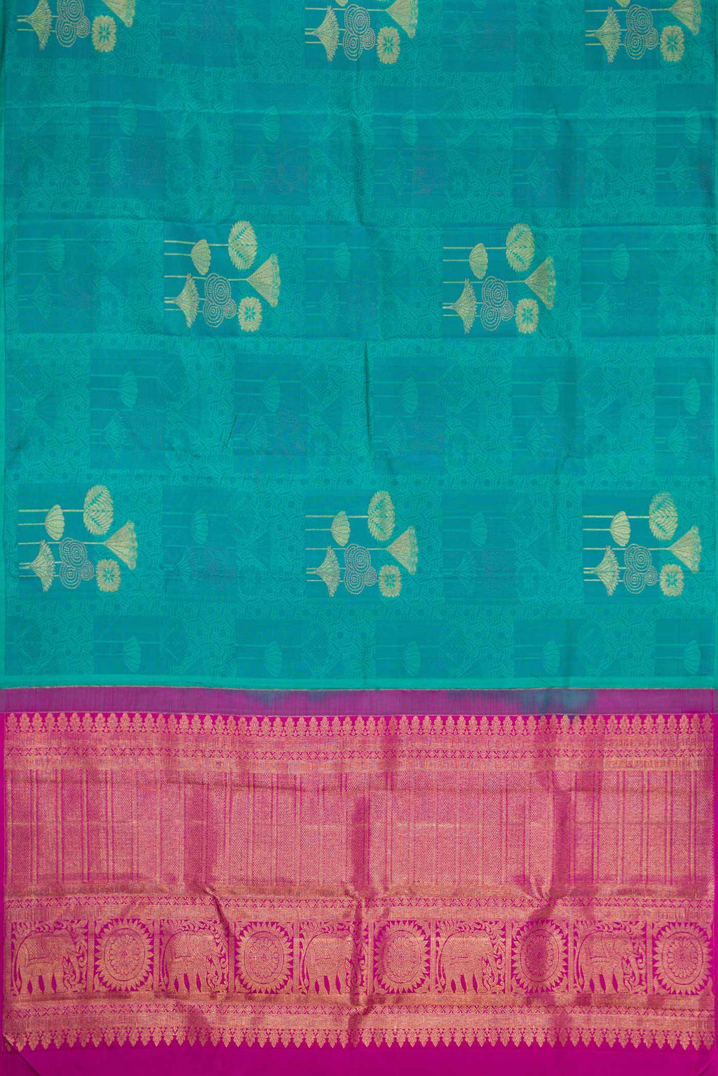 Flat view of Sea Green Dual Tone Kanchipuram Silk Saree with Jacquard With Zari Butta on the body and Without Border