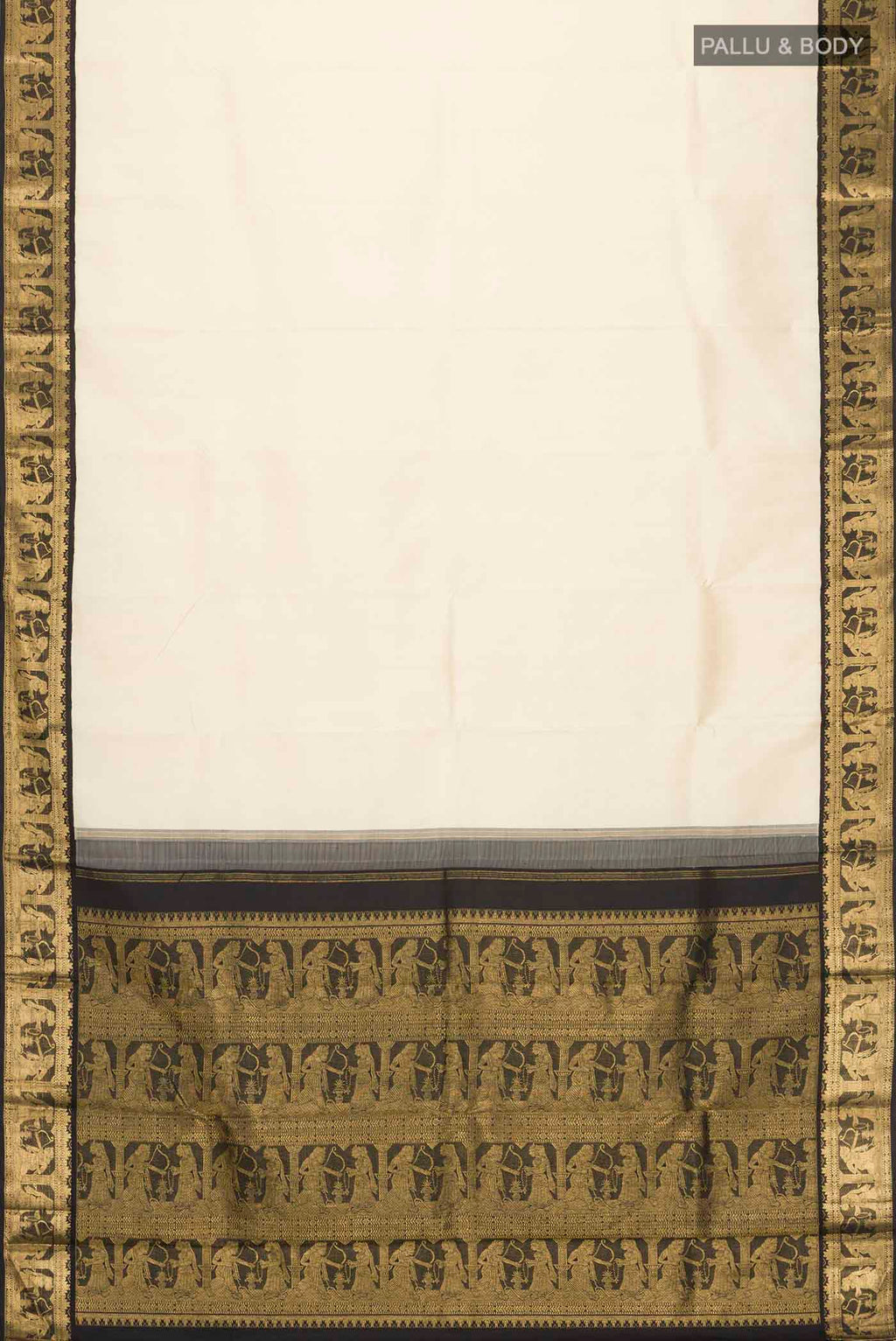 Flat view of Beige Kanchipuram Silk Saree with Plain Body and Zari Border