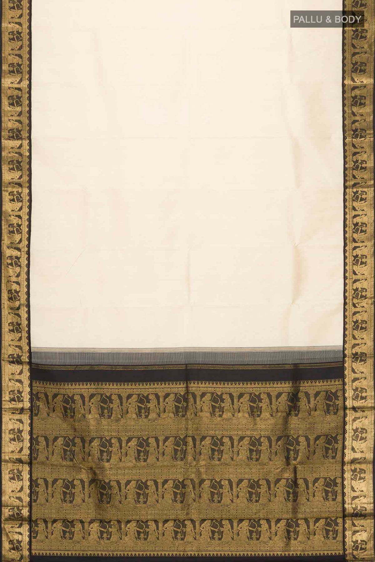 Flat view of Beige Kanchipuram Silk Saree with Plain Body and Zari Border