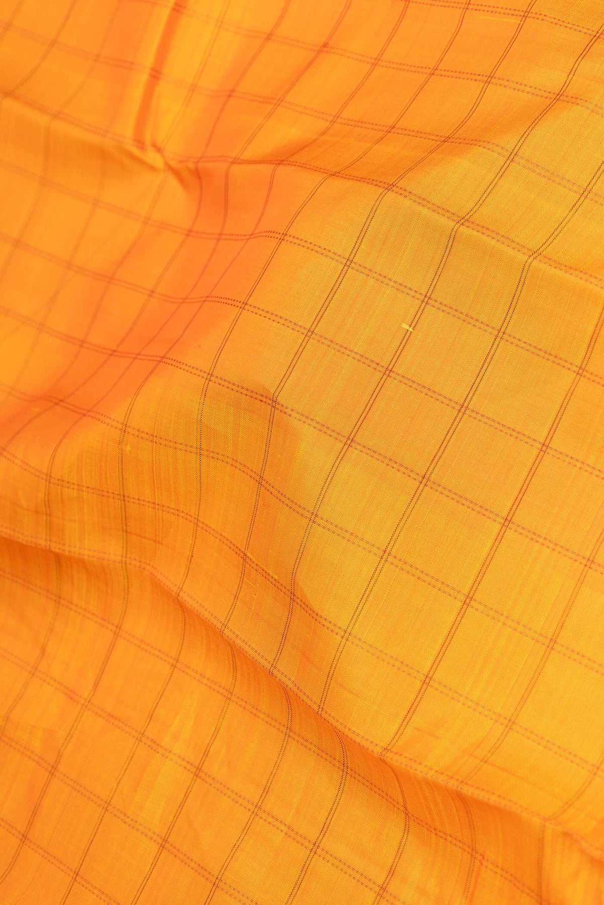 Close up of Orange Dual Tone Kanchipuram Saree with Checked design on the body and Without Border displaying folds