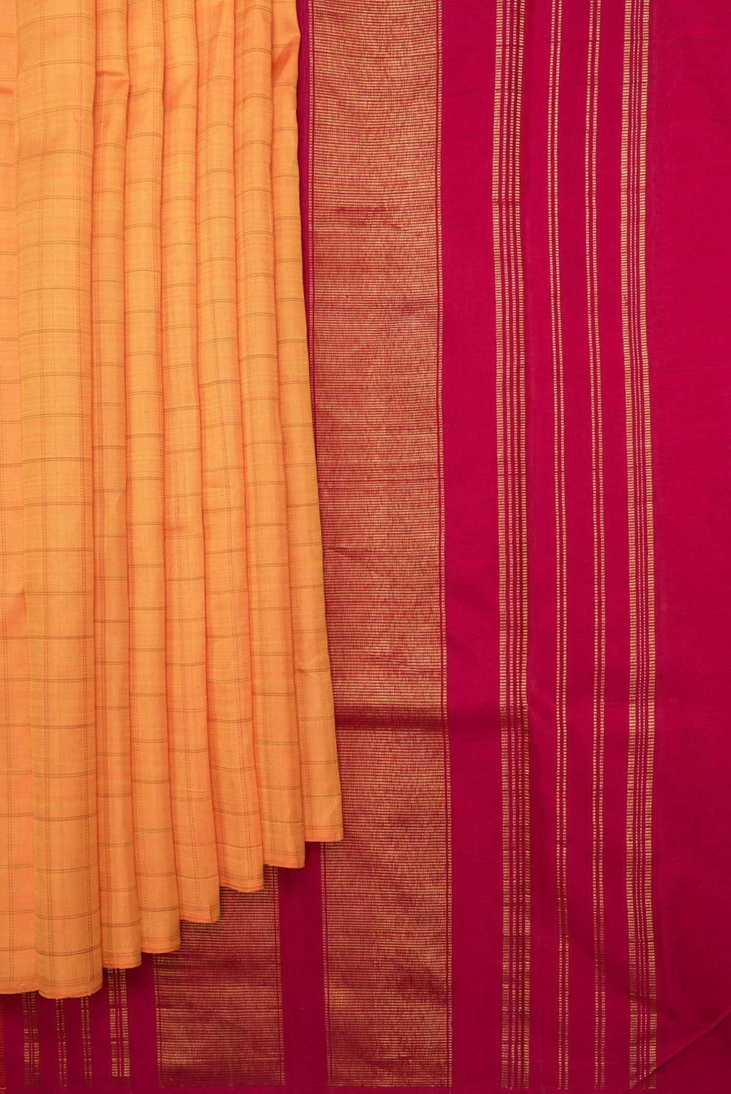 Pleats and pallu of Orange Dual Tone Kanchipuram Saree with Checked design on the body and Without Border