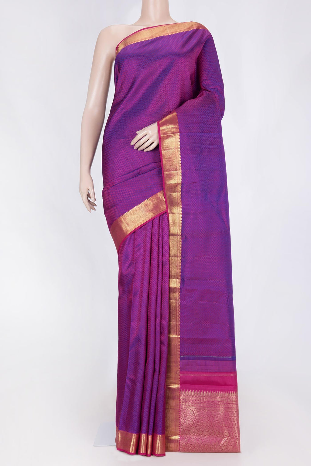 Purple Dual Tone Kanchipuram Saree with Jacquard design on the body and Zari Border displayed on a mannequin