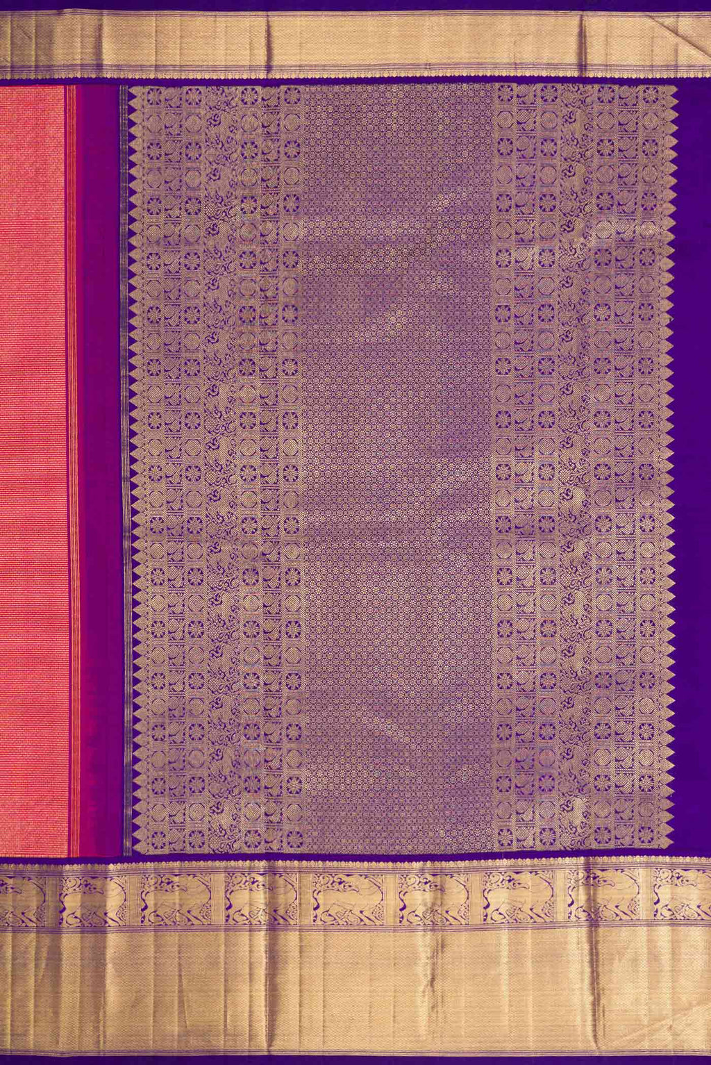 Close up image of the pallu of Dark Pink Dual Tone Kanchipuram Silk Saree with Zari Brocade on the body and Zari Border