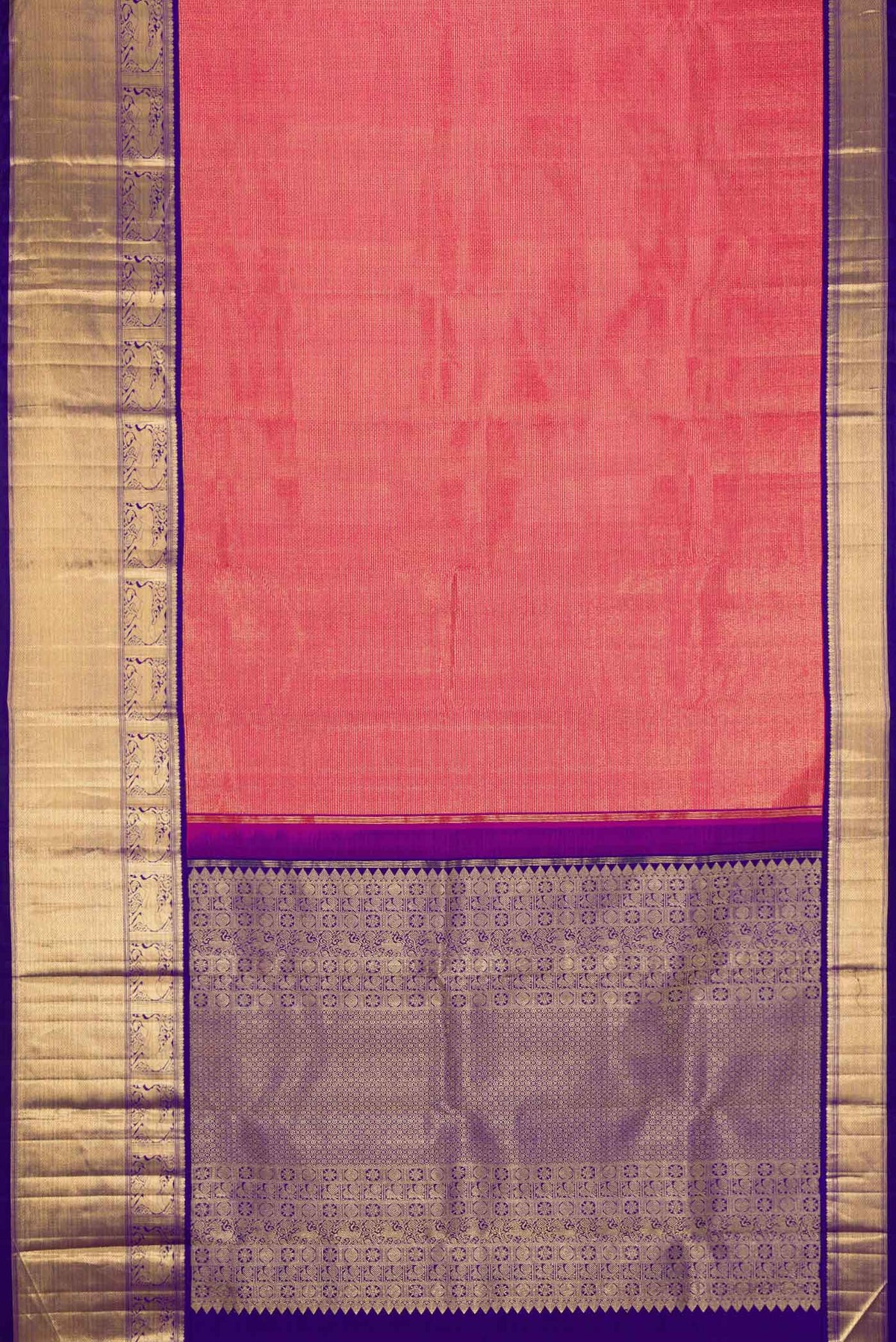 Flat view of Dark Pink Dual Tone Kanchipuram Silk Saree with Zari Brocade on the body and Zari Border