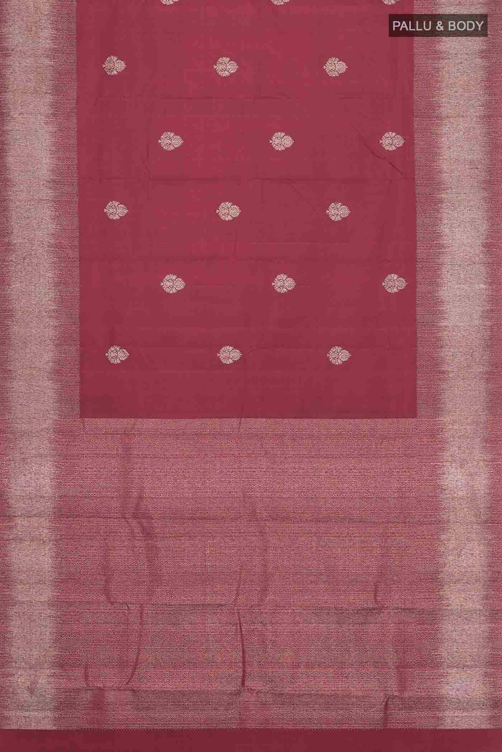 Flat view of Maroon Kanchipuram Silk Saree with Zari Butta on the body and Zari Border