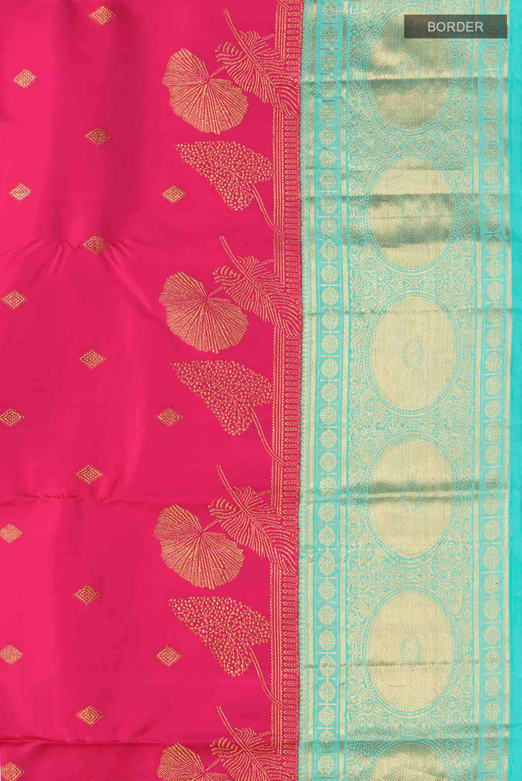 Border image of Pink Kanchipuram Silk Saree with Zari Butta on the body and Zari Border