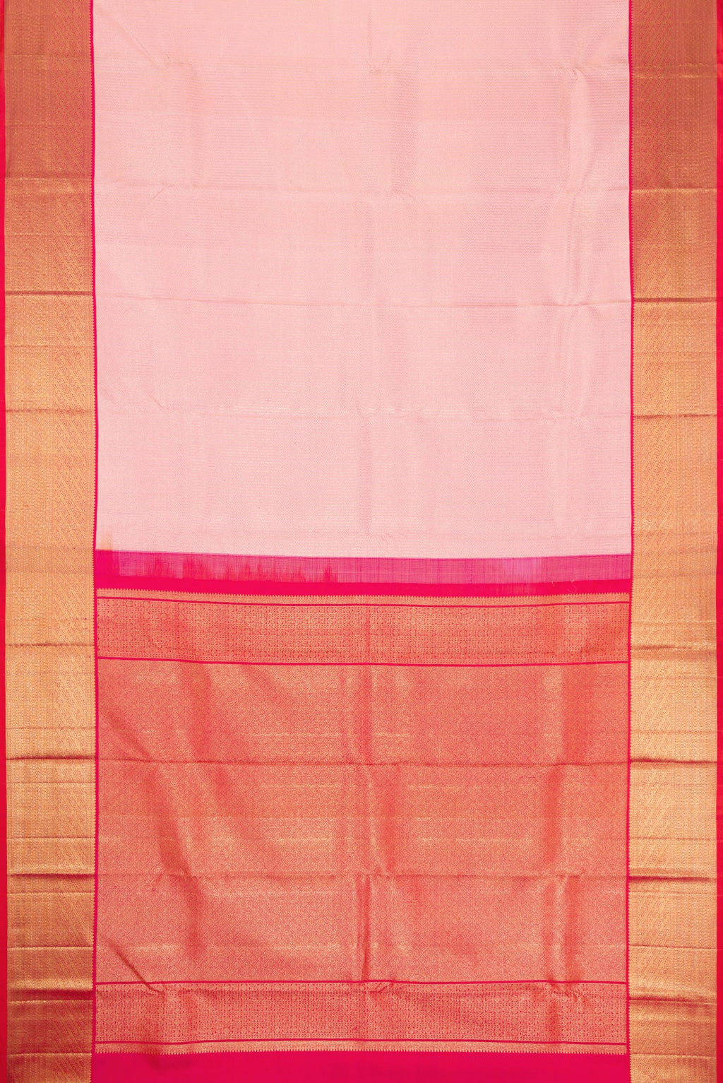 Flat view of Pink Dual Tone Kanchipuram Silk Saree with Zari Brocade on the body and Zari Border. 