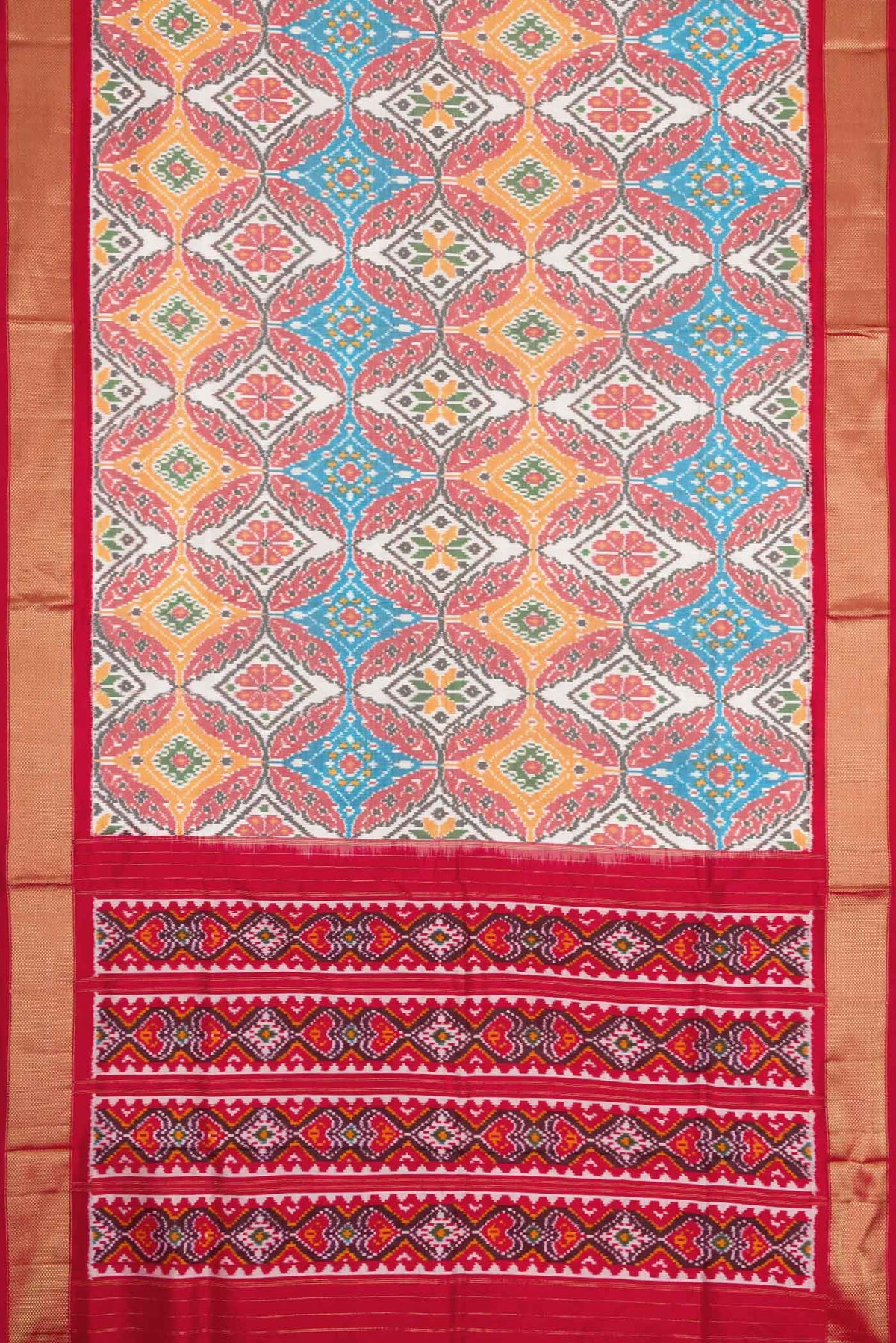 Flat view of Off White Pochampally Silk Saree with Pure Ikat on the body and Zari Border