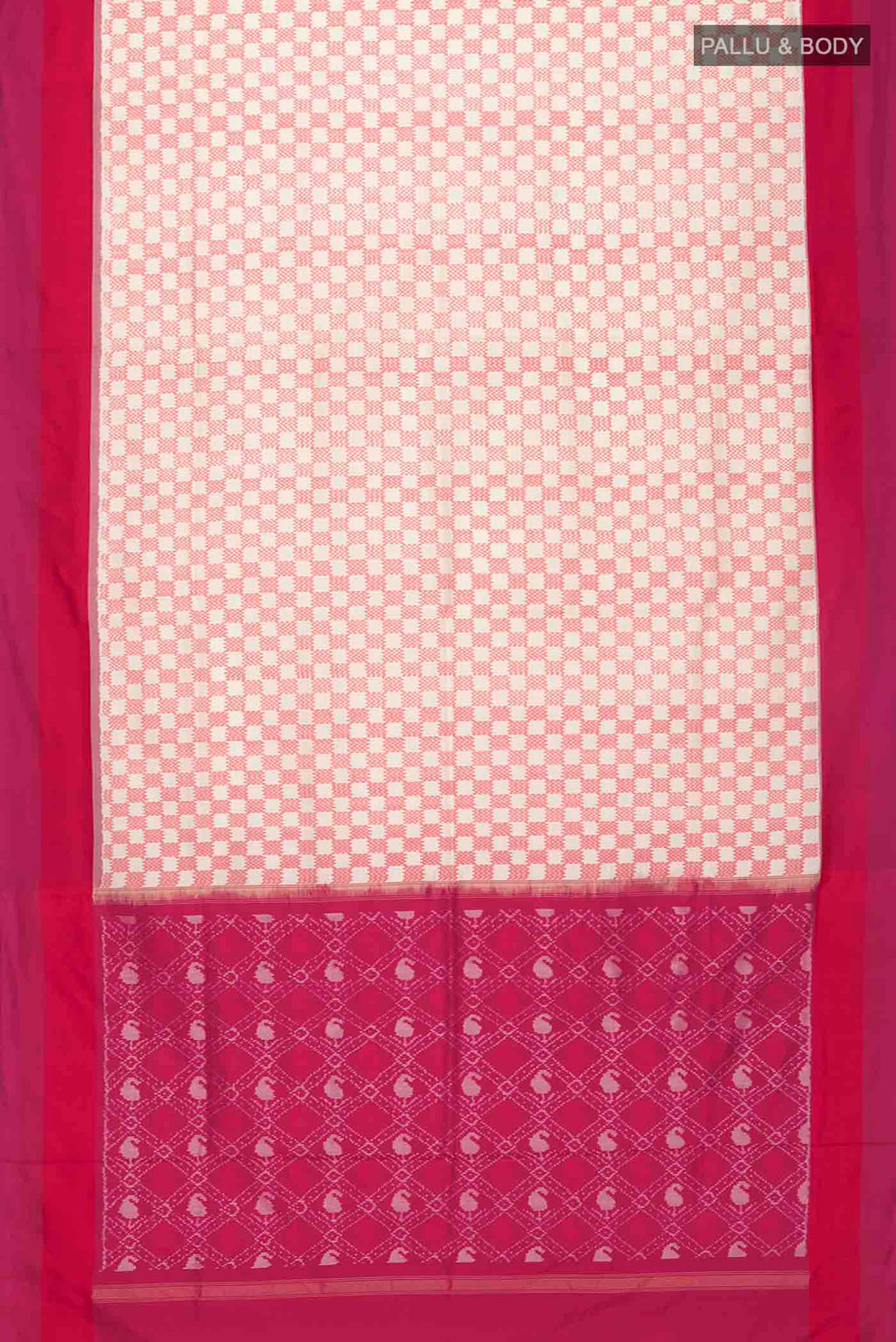 Flat view of Cream Pochampally Silk Saree with Pure Ikat on the body and Plain Border