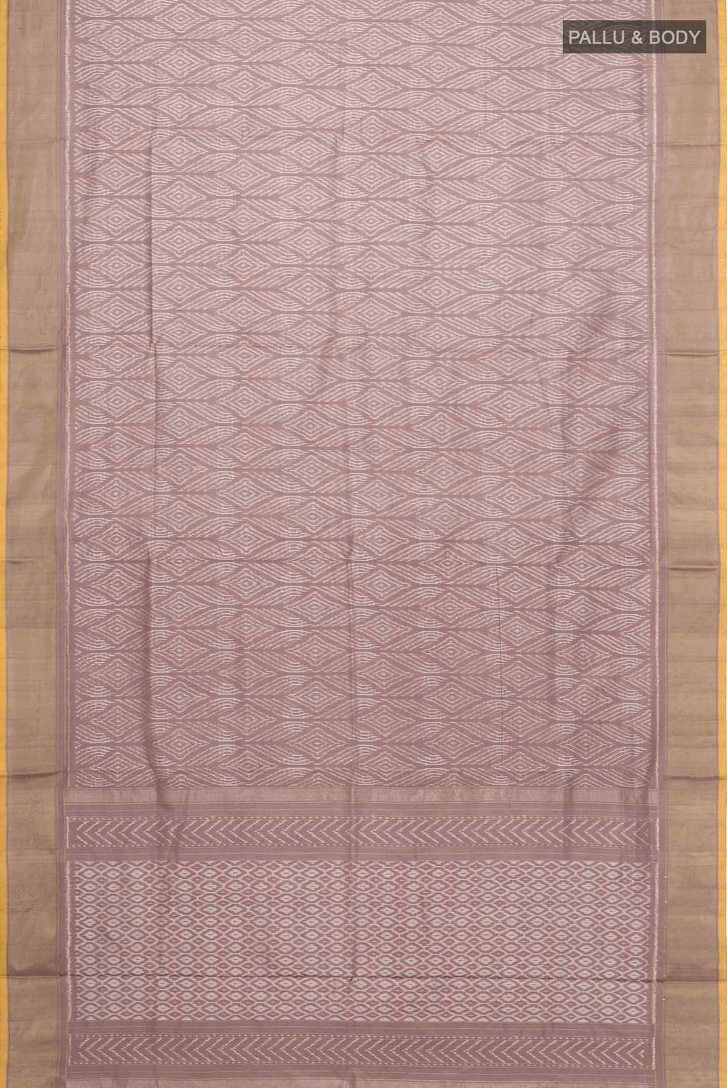 Flat view of Mauve Pochampally Silk Saree with Pure Ikat on the body and Zari Border