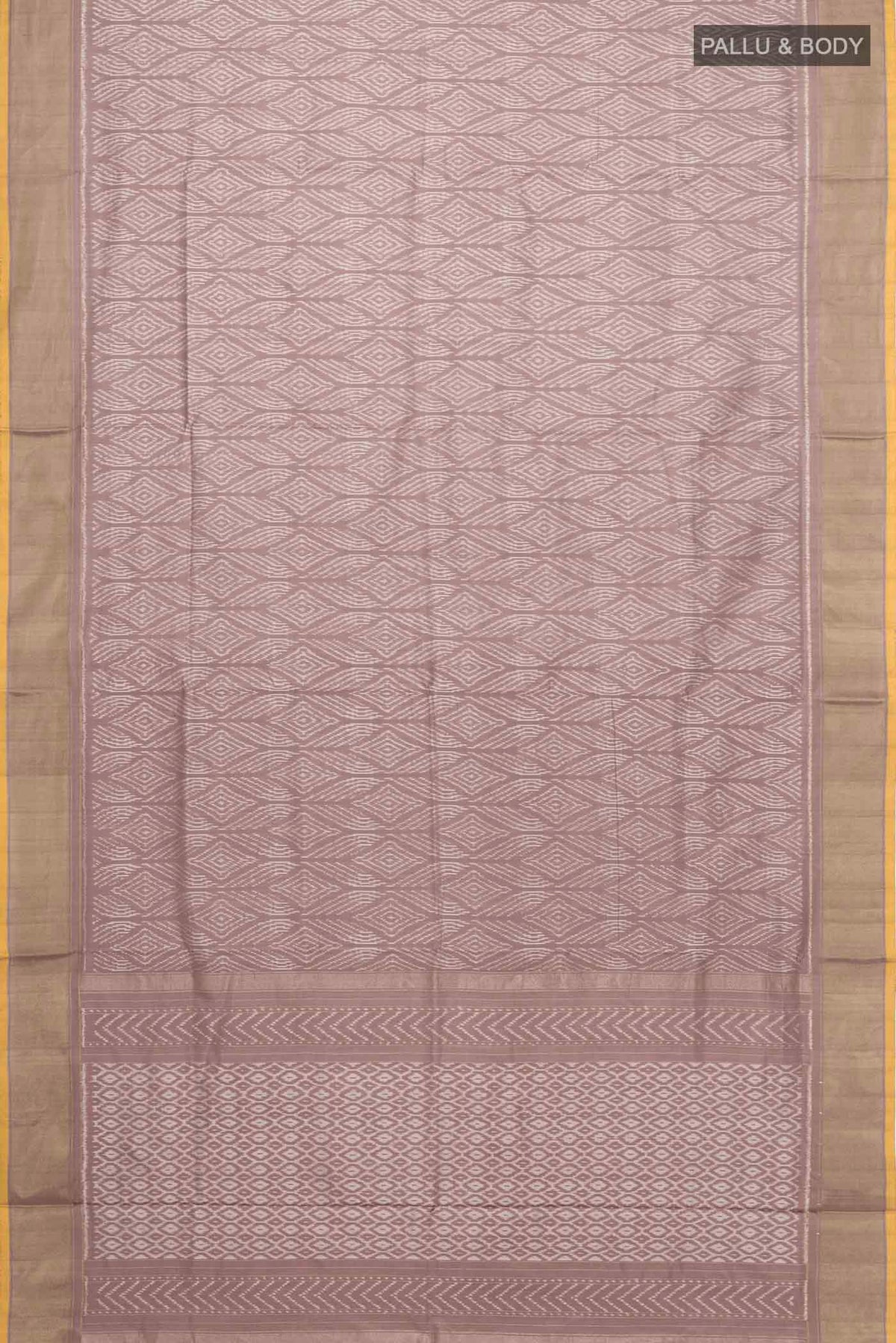 Flat view of Mauve Pochampally Silk Saree with Pure Ikat on the body and Zari Border