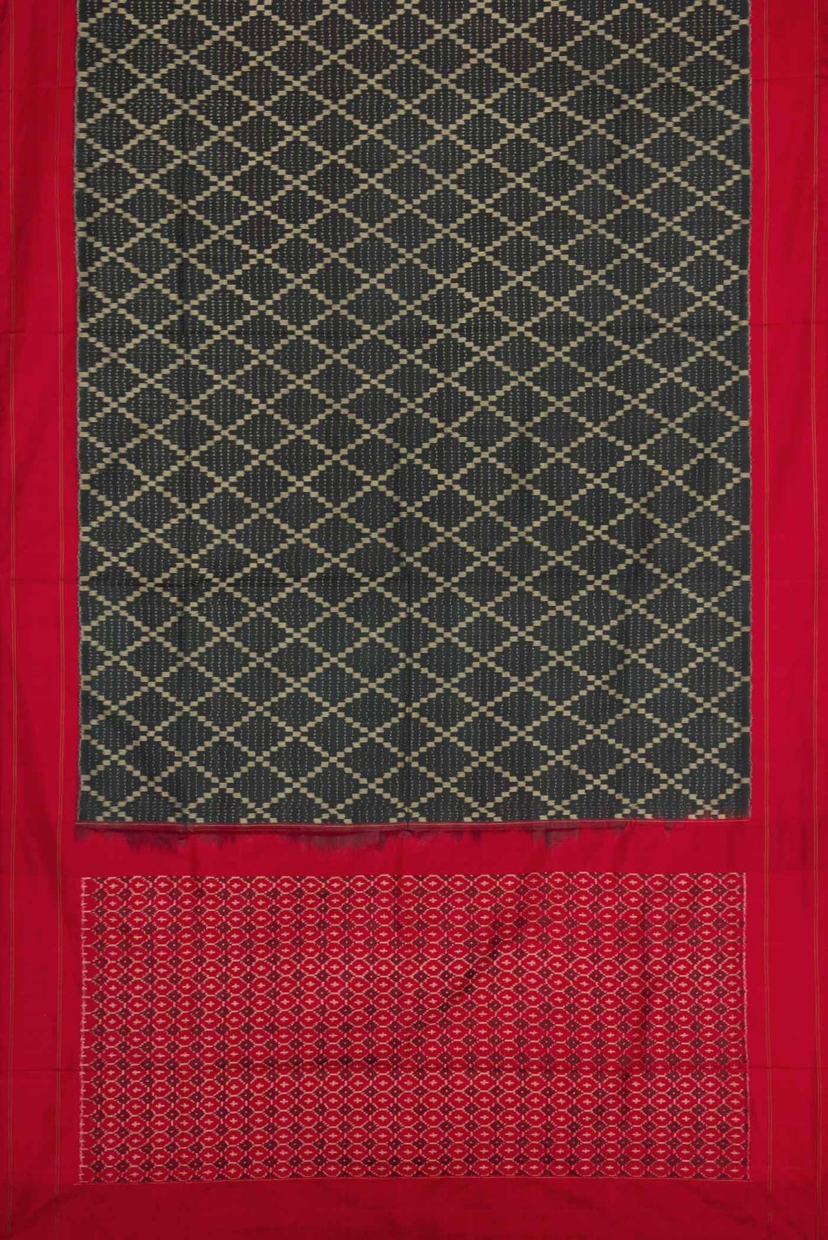 Flat view of Black Pochampally Silk Saree with Pure Ikat on the body and Plain Border
